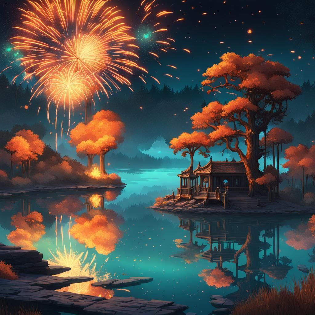 Spectacular Fireworks Display Over Moonlit Lake