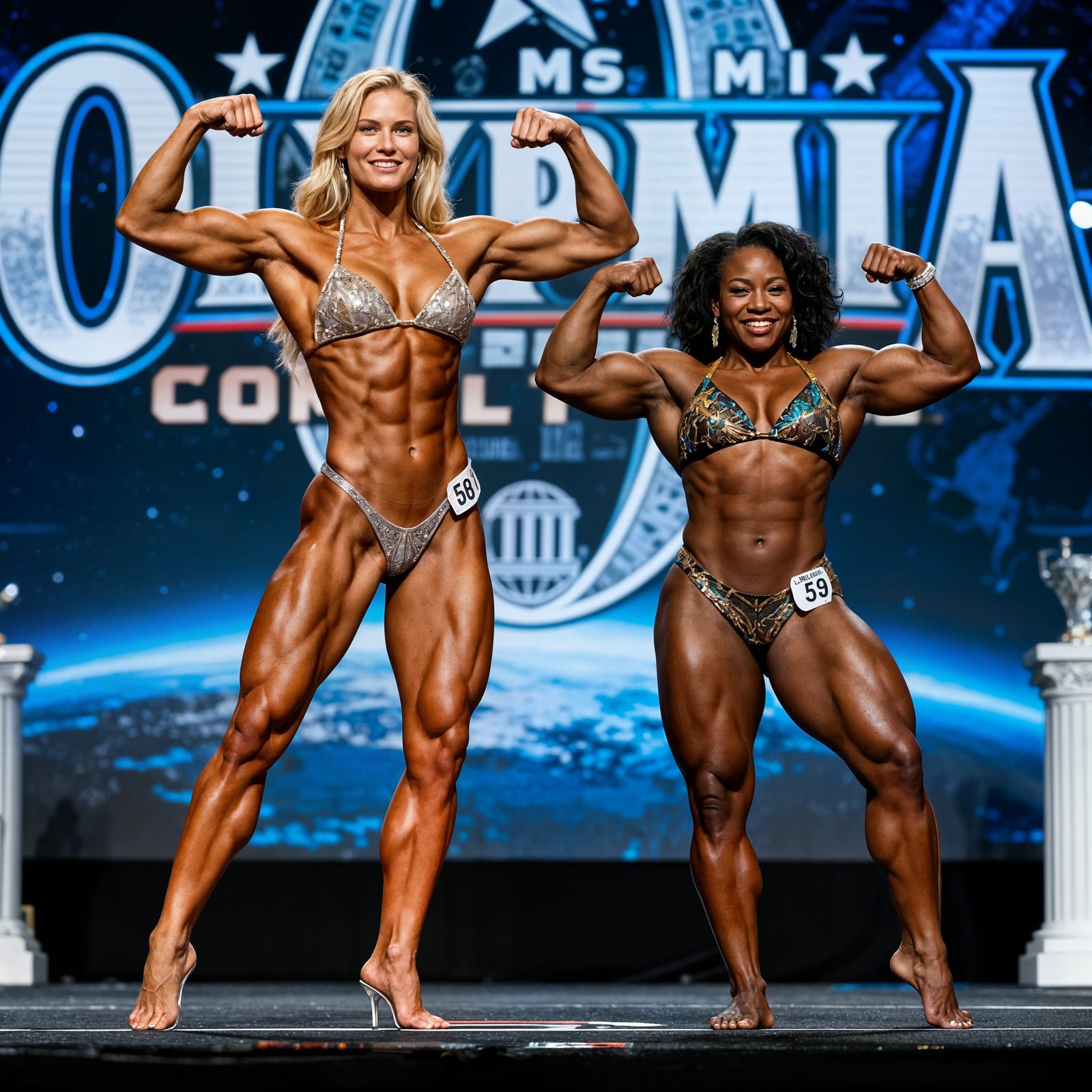 Ms. Olympia Bodybuilding Finals: Two Elite Competitors Pose