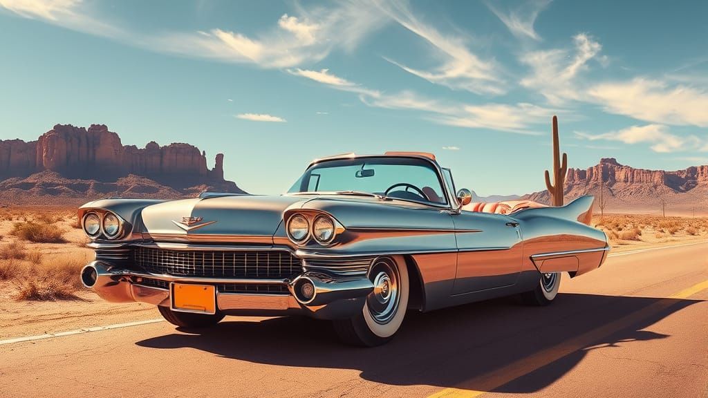 Vintage Chrome Cadillac on Desert Highway