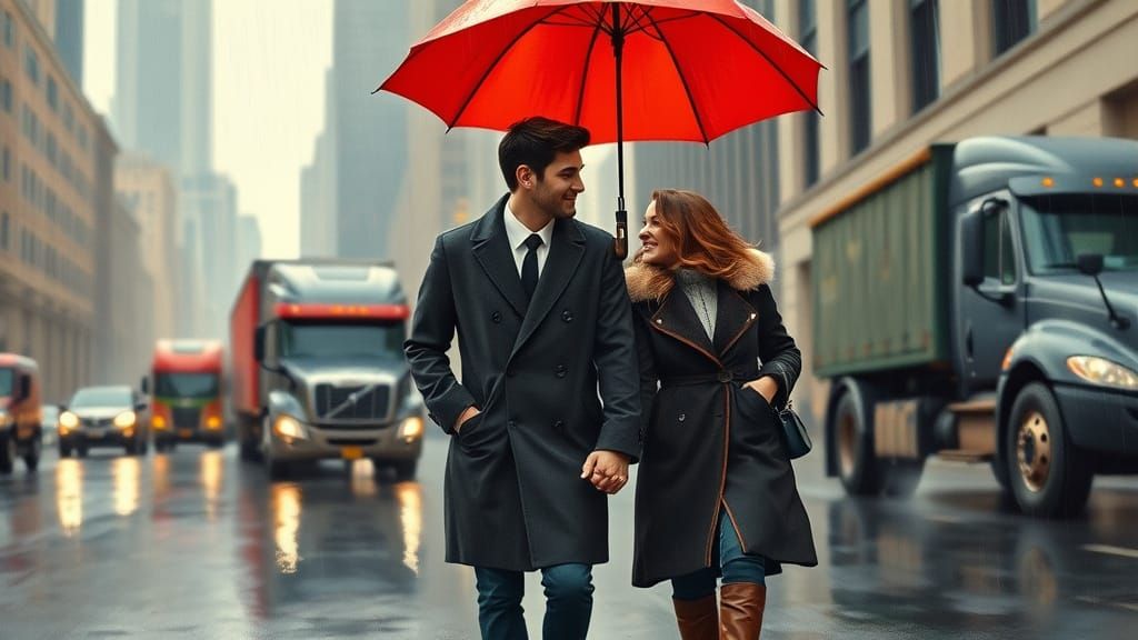 Warm Intimate Moment Under a Vibrant Red Umbrella