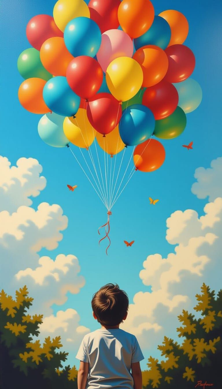 Childhood Loss: Balloons Ascend in Hyperrealistic Painting
