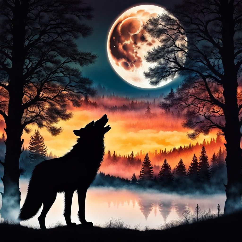 Wolf Silhouette Double Exposure: Moonlit Forest