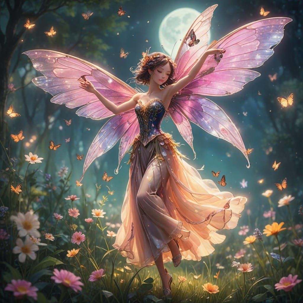 Elegant Fairy Dancing with Floral Corset and Wings