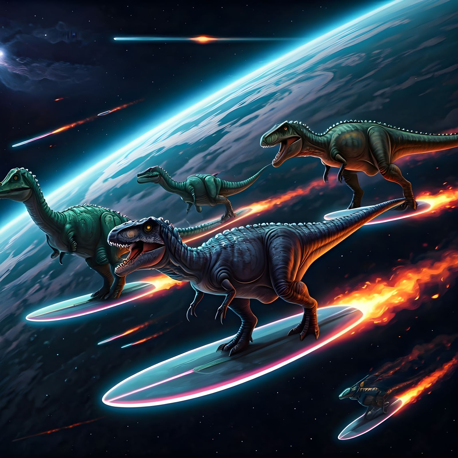 Dinosaurs Ride Cosmic Surfboards Amidst Burning Earth