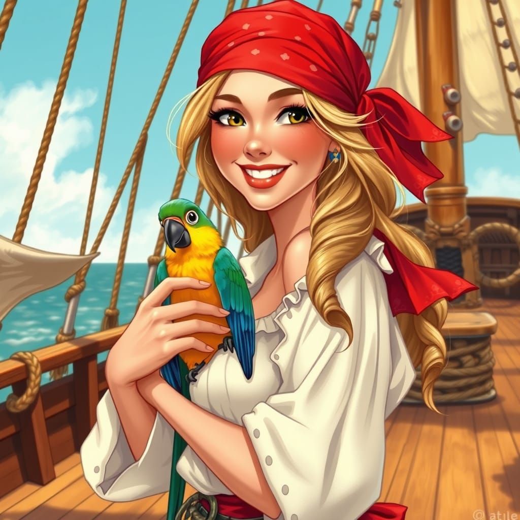 Gentle Pirate Maiden and Her Colorful Parrot at Sea