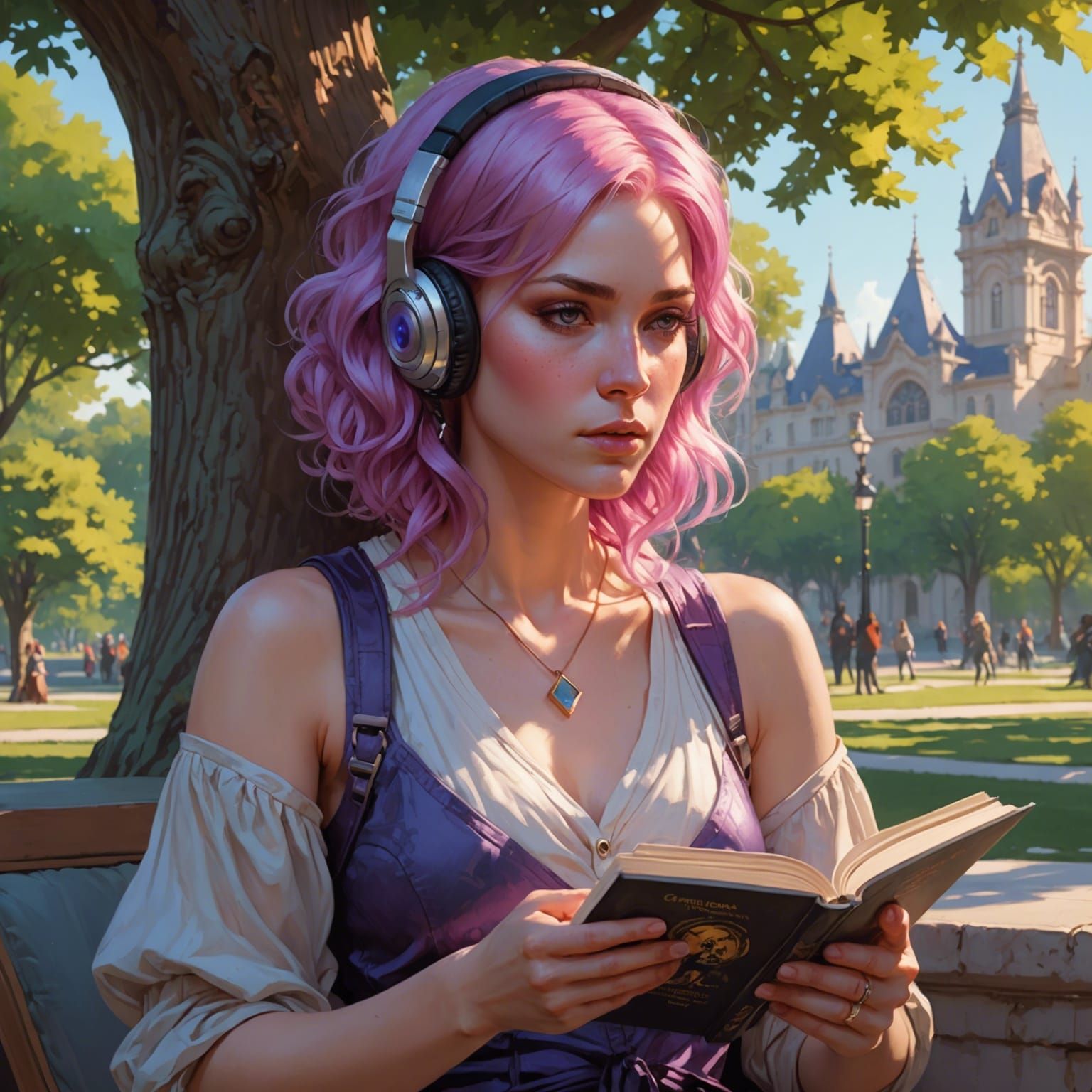 Pink-Haired Woman Reading in Park: Digital Art Portrait