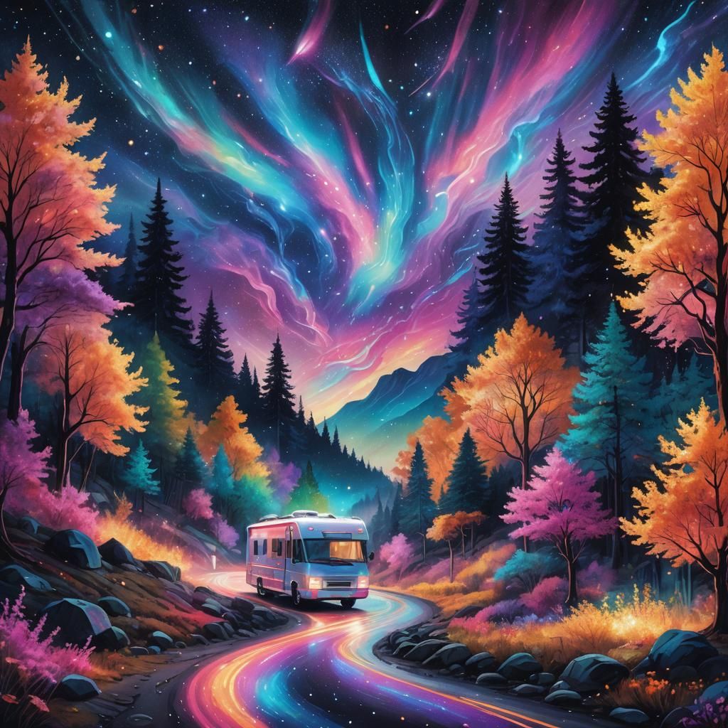 Astral RV on Mountain Road in Cosmic Style