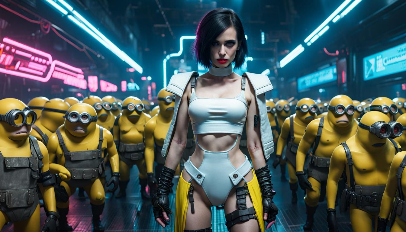 Snow White Leads Minions in Cyberpunk Battle
