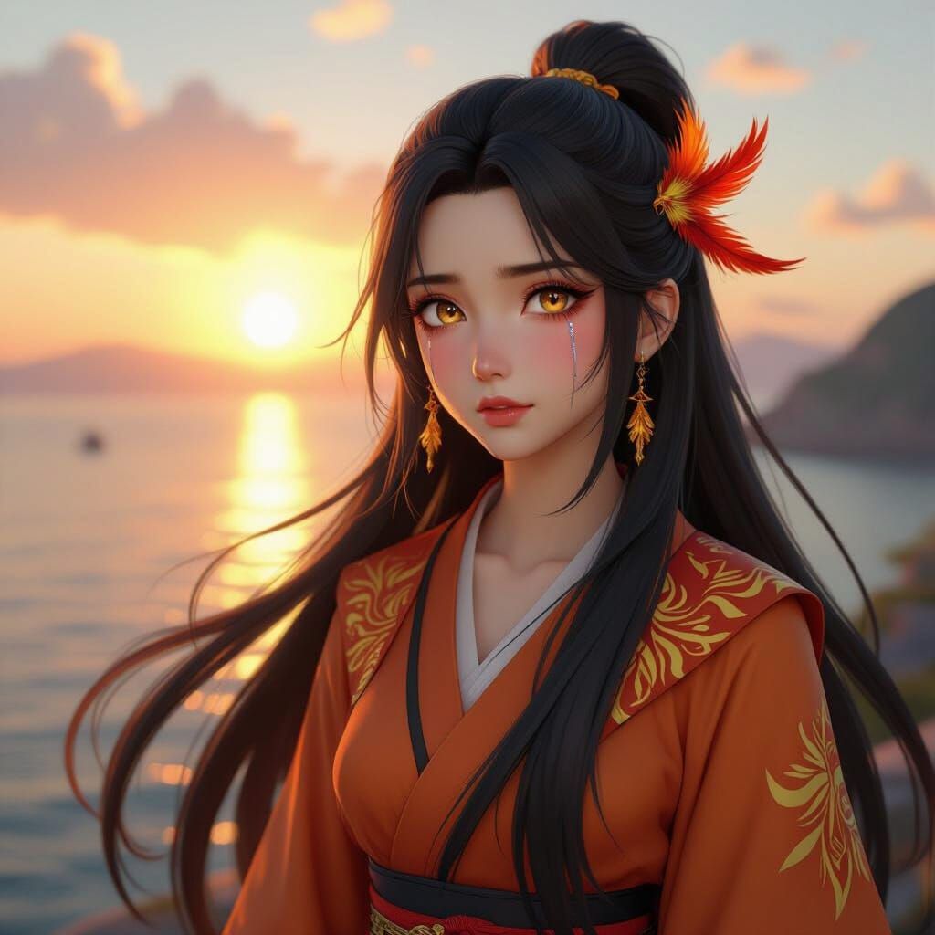 Confused Female Monk with Phoenix Feather at Sunset