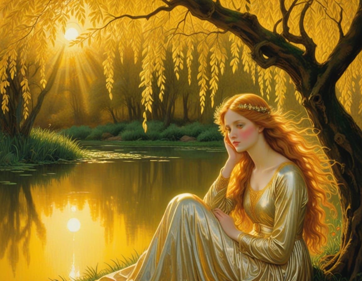 Pre-Raphaelite Woman in Autumn Willow Tree