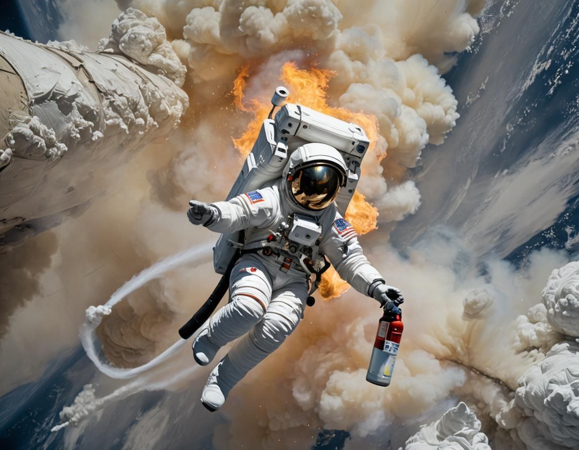 Astronaut in Space Using Fire Extinguisher for Propulsion