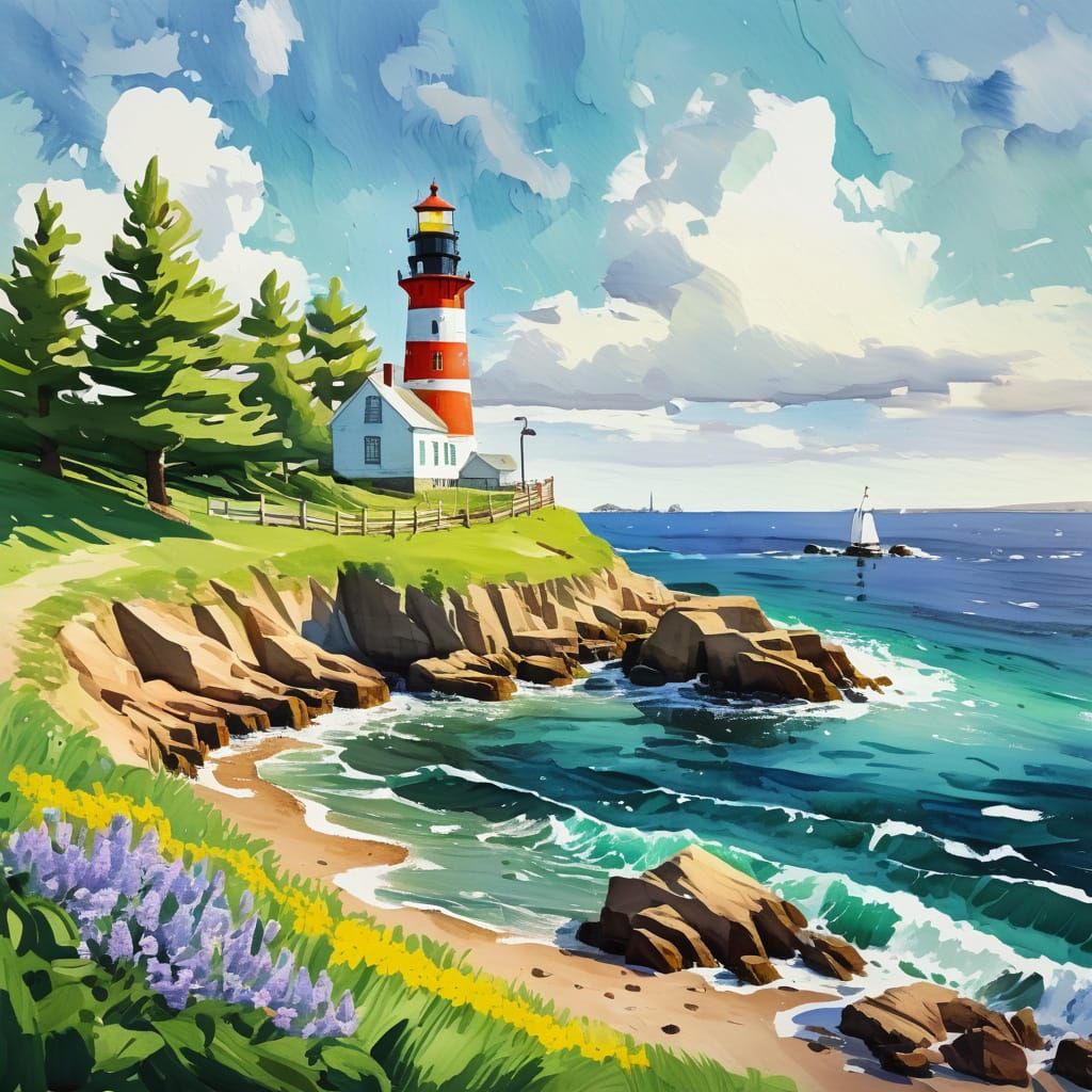 Springtime Lighthouse Cove in Gouache Style