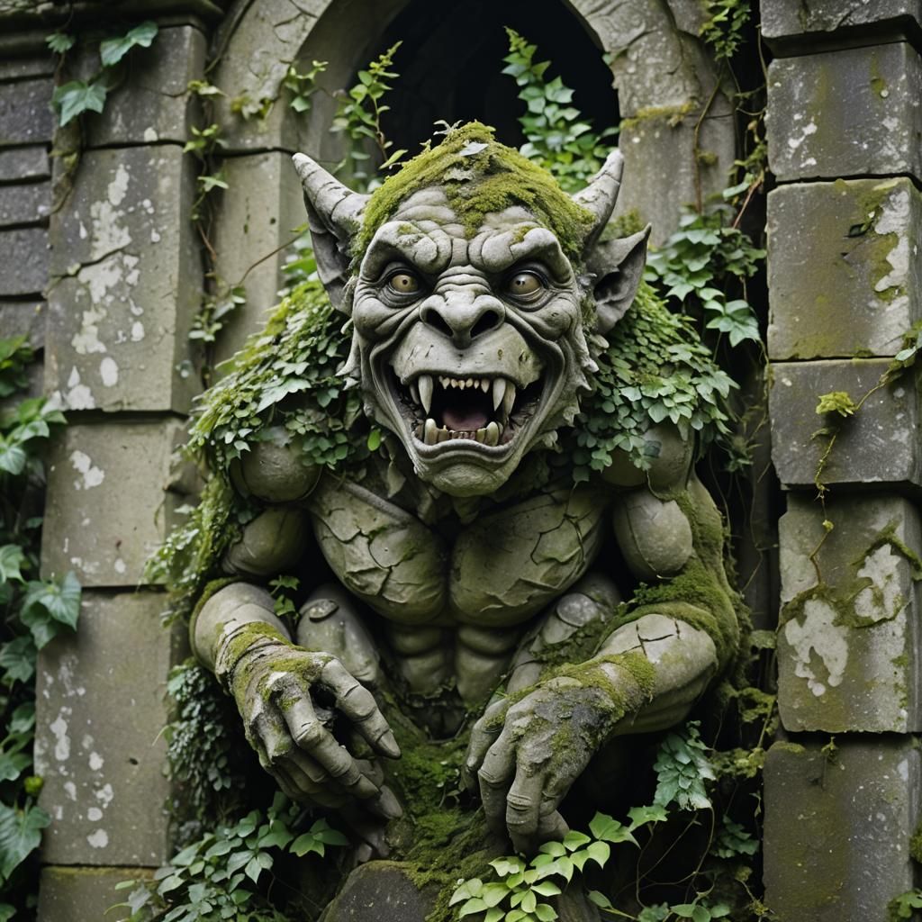 Ancient Stone Gargoyle Crouching with Flickering Tongue