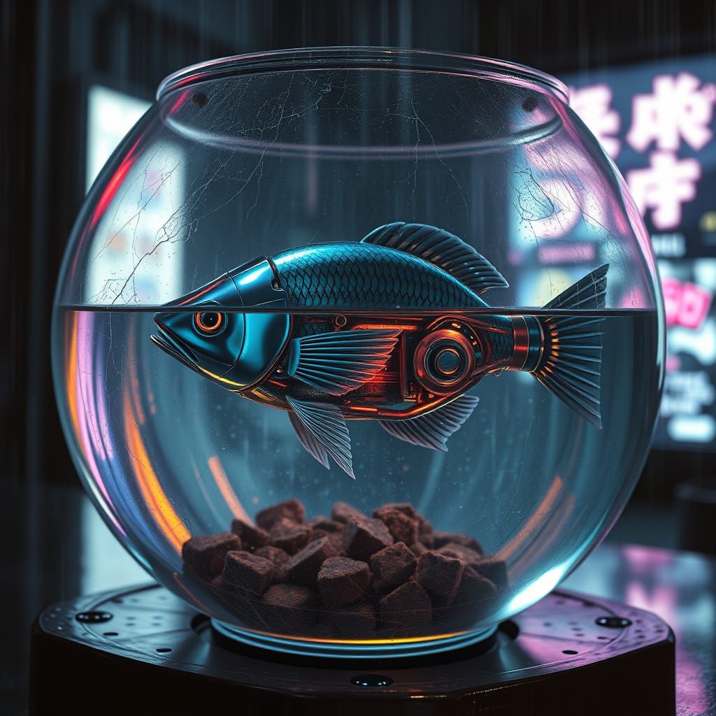 Cyberpunk Fish in Retro-Futuristic Fish Bowl