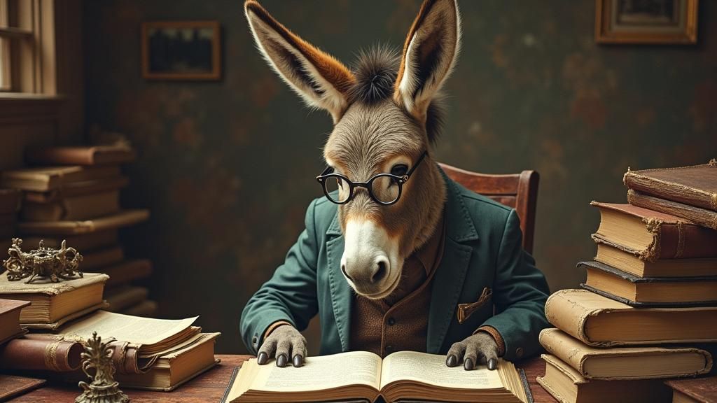 Scholarly Donkey Reads a Book: Whimsical Illustration