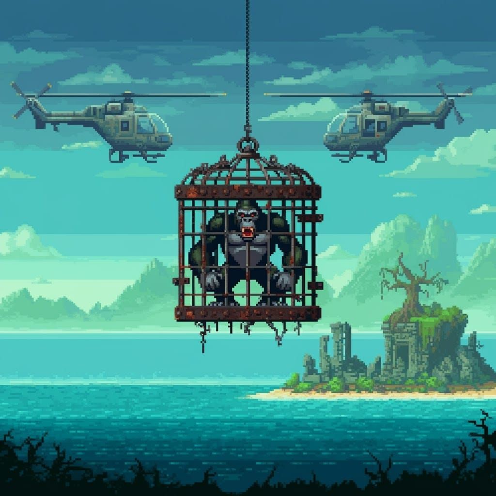 Menacing Gorilla in Pixel Art Cage Over Azure Sea
