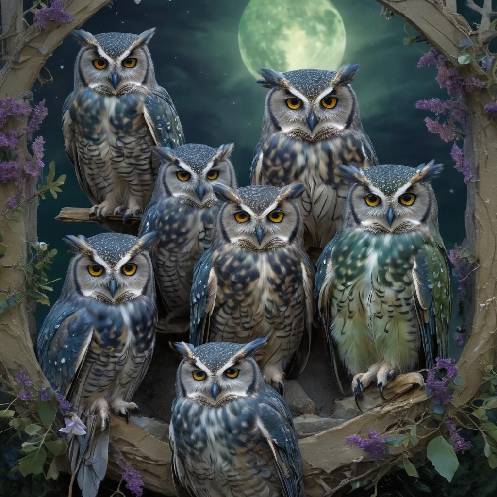 Council of Owls in Circle, Magical Realism Digital Art