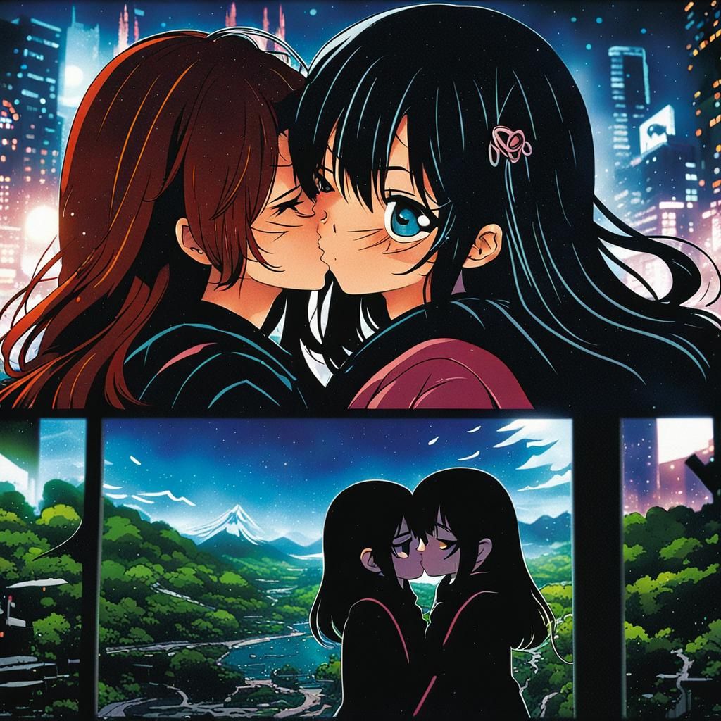 Anime Girls Kissing: Cute Cel-Shaded Manga Art