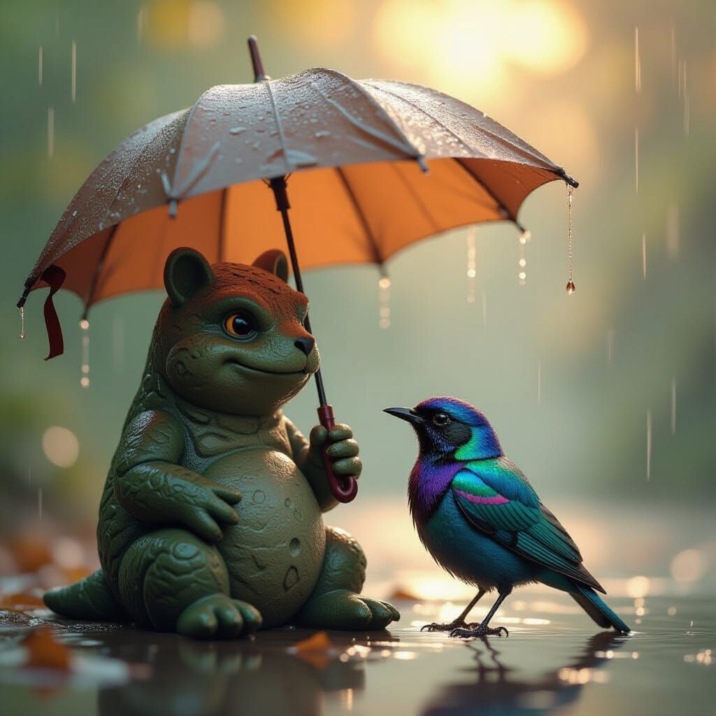 Stone Guardian and Iridescent Bird Under Rain