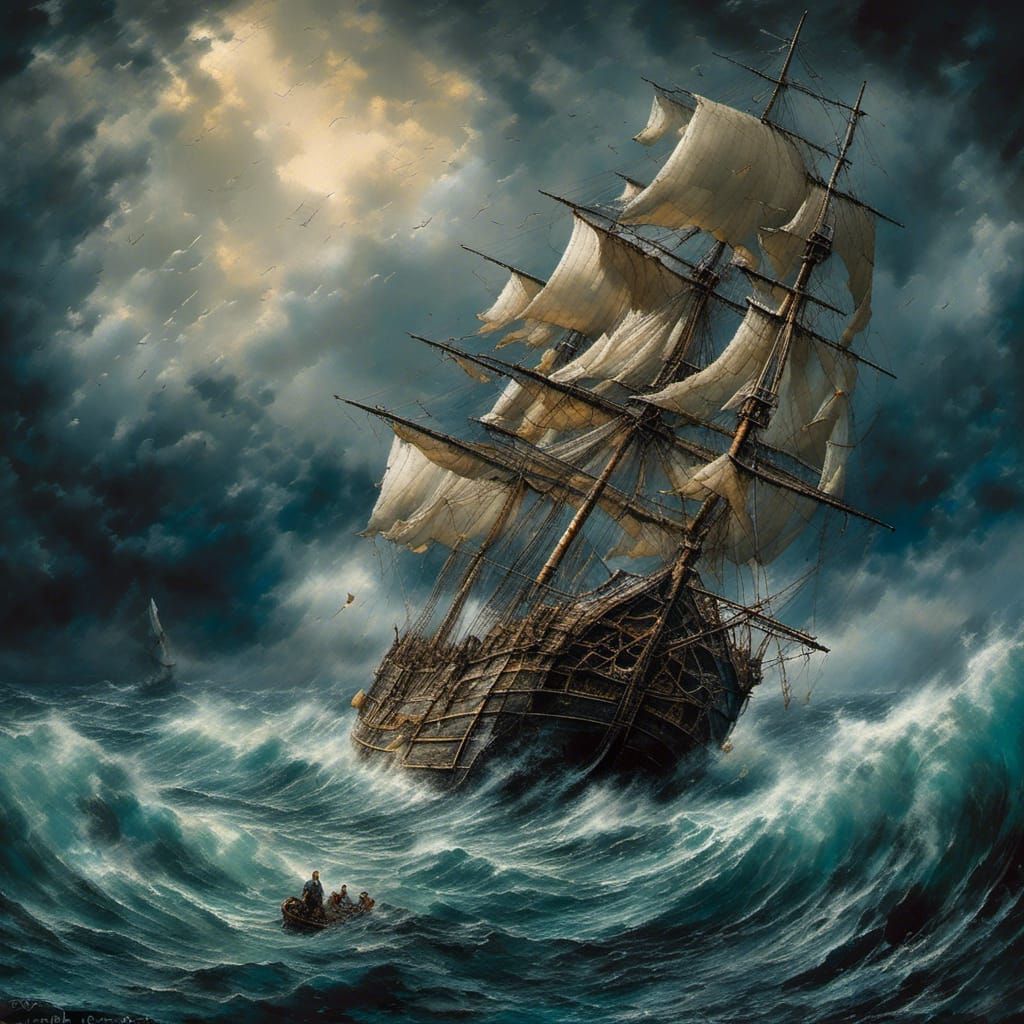 Sailing Ship Battles Ocean Storm in Digital Painting