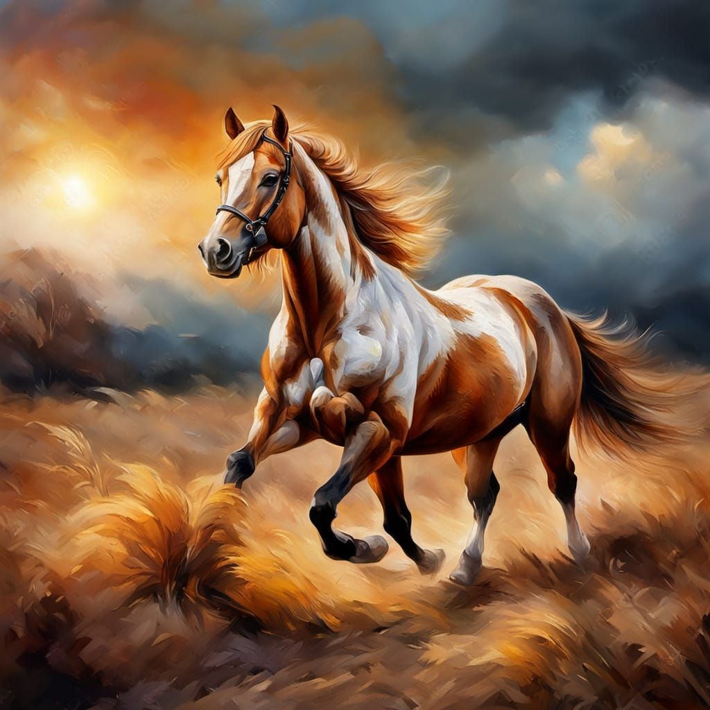 Close-up Portrait of a Running Horse in a Golden Field