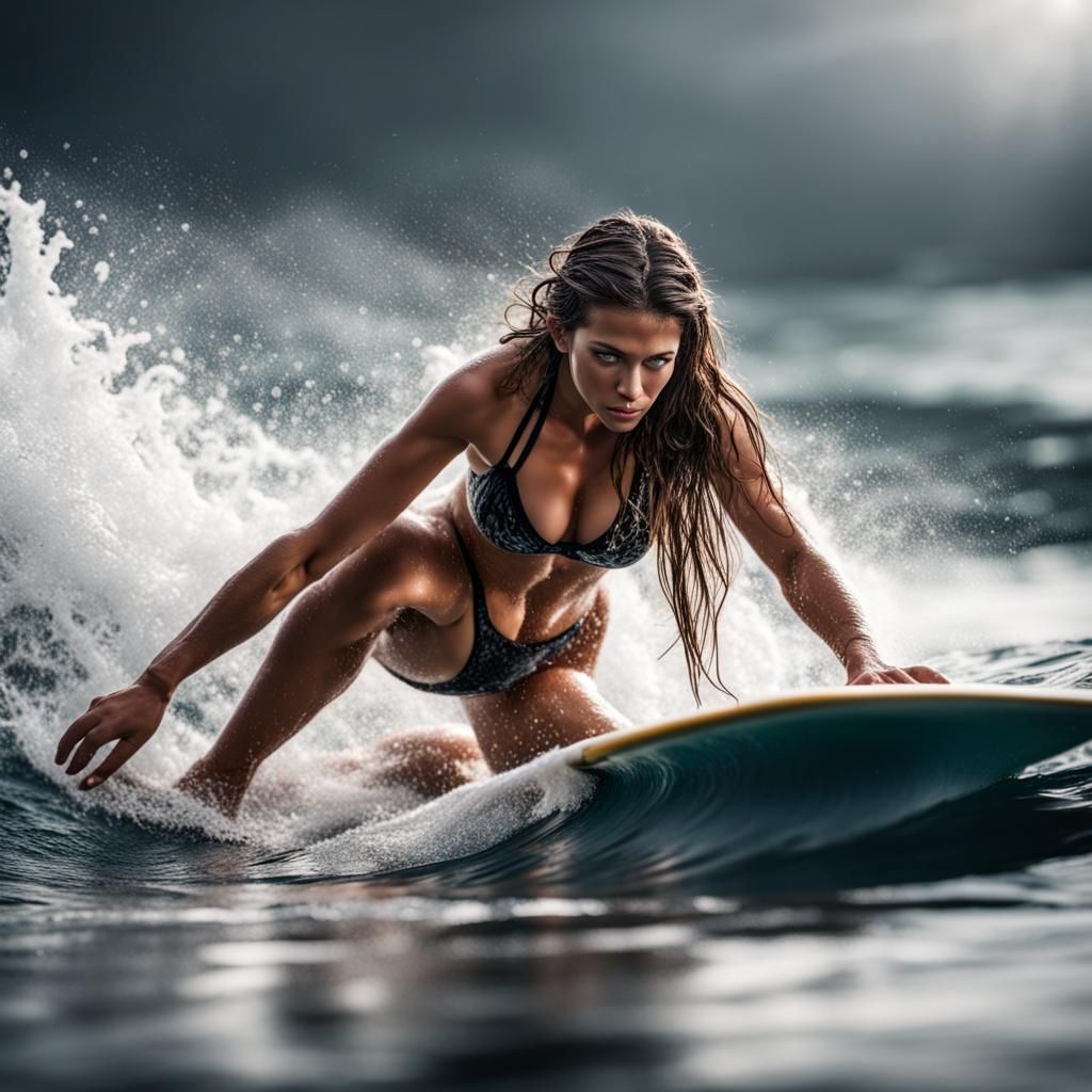 Girl Surfing: Hyperrealistic Beach Photography