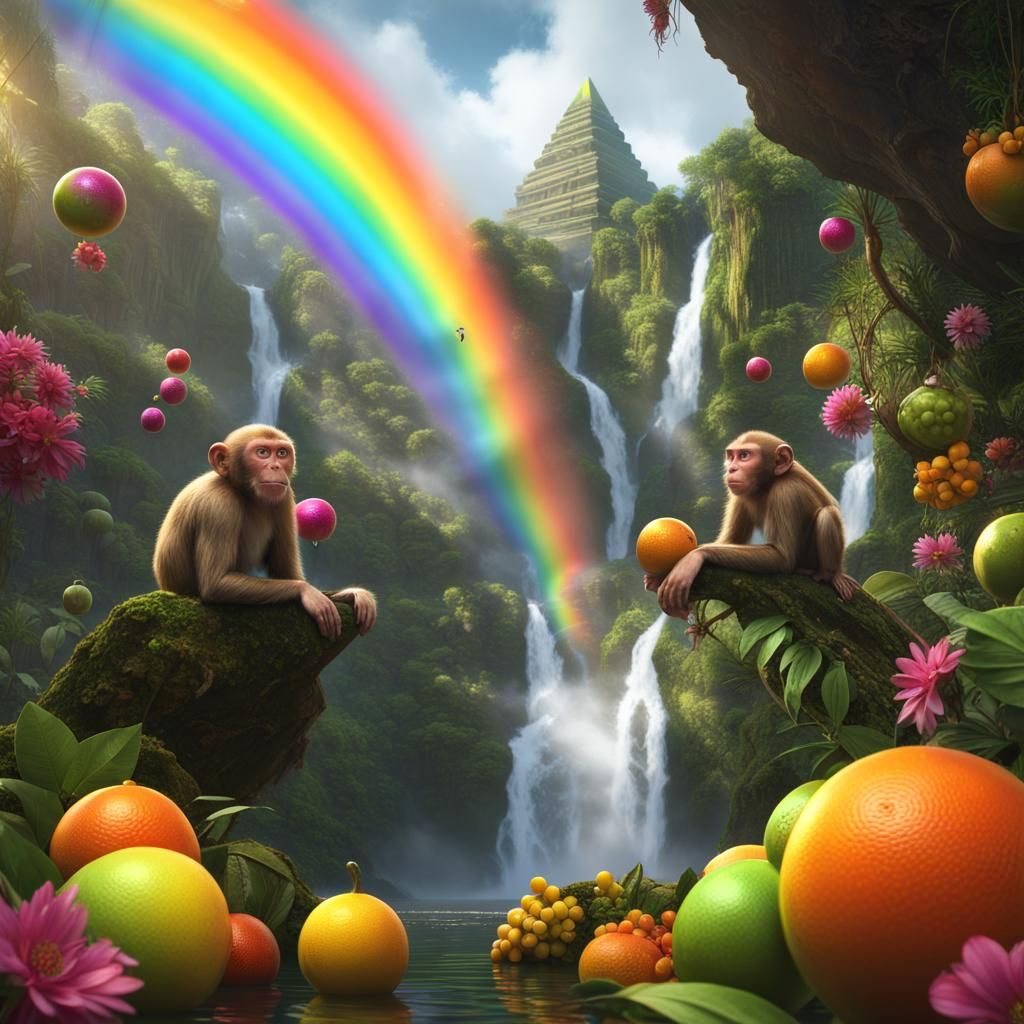 Jungle Waterfall with Monkeys and Rainbow Orbs