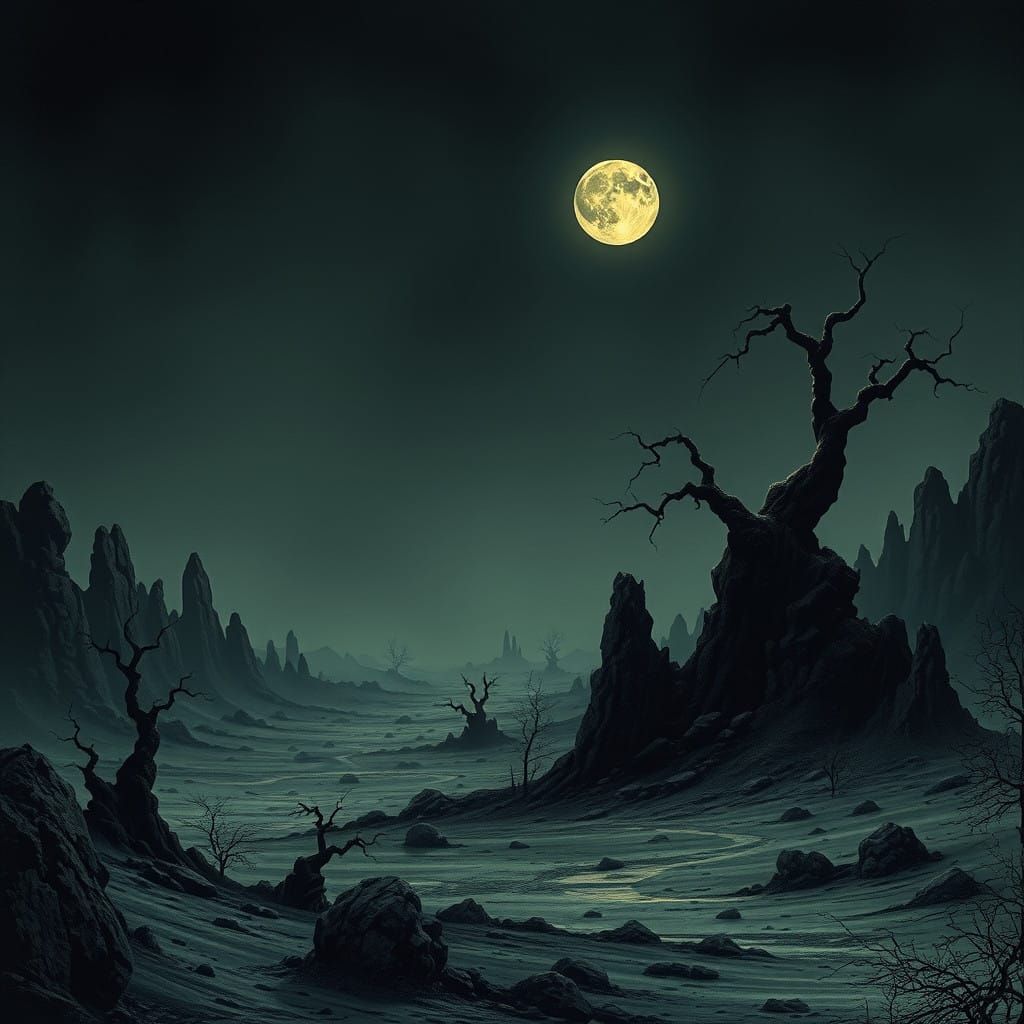 Haunting Gothic Landscape with Jagged Rock Formations and Tw...