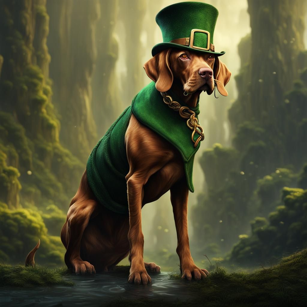 Fantastical Leprechaun Vizsla in Detailed Matte Painting