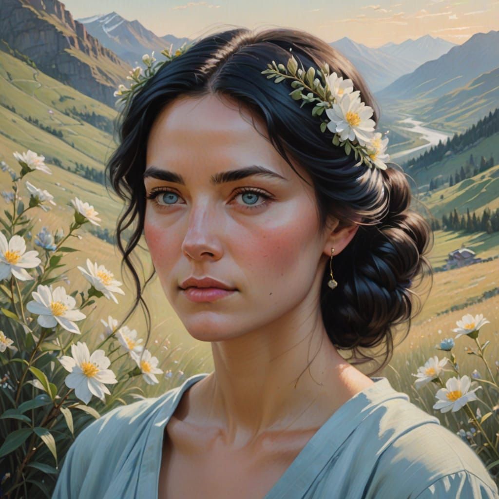Classical Realism Portrait of Woman with Flowers