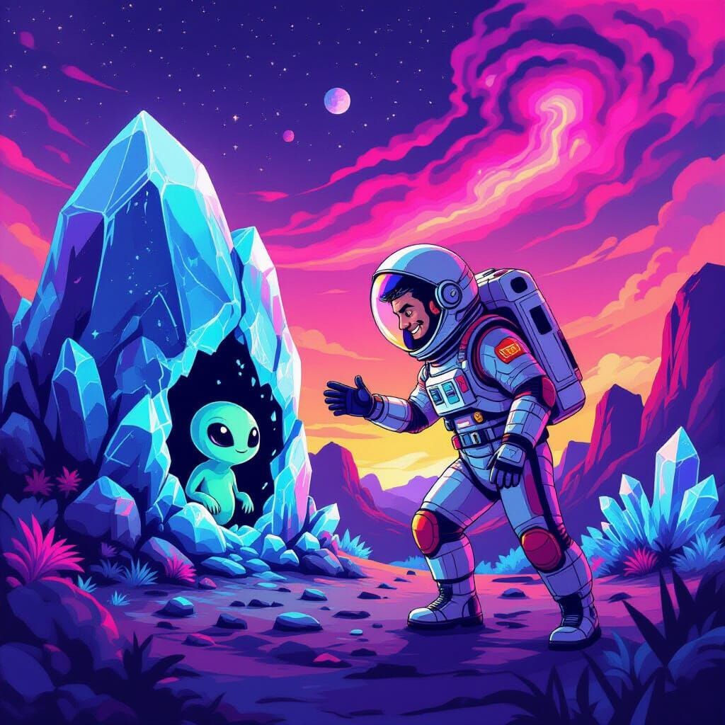 Retro Sci-Fi Encounter on Vibrant Alien Planet