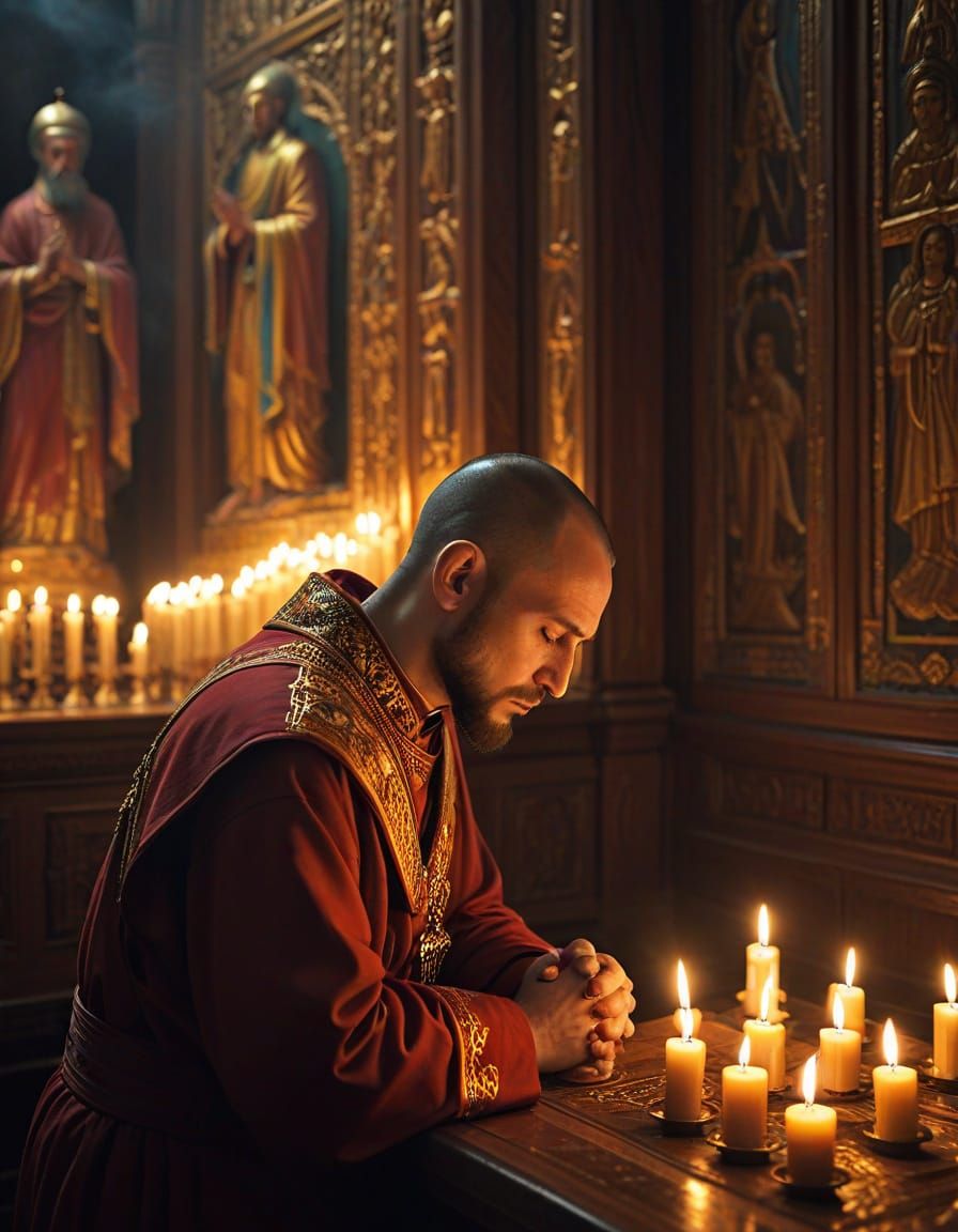 Monk Prays in Golden Hour Light of Russian Orthodox Church