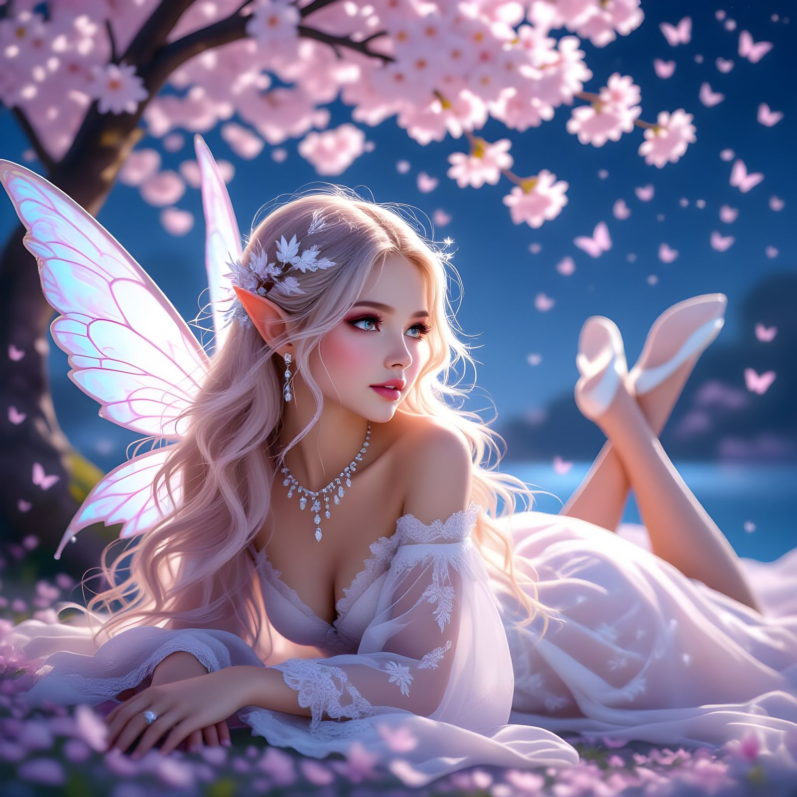 Angelic Fairy Girl Under Cherry Blossoms, Hyperrealistic