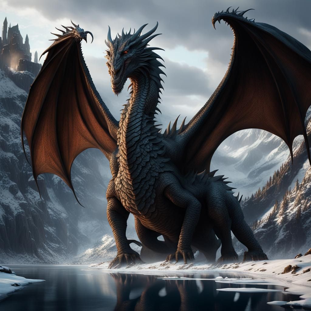 Winter River Landscape with Dragon in Dark Fantasy Style