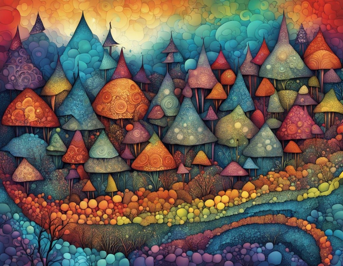 Whimsical Village of Twisted Homes in Vibrant Rainbow Colors