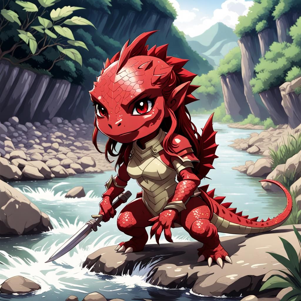 Chibi Lizardwoman Warrior at River: Anime Style