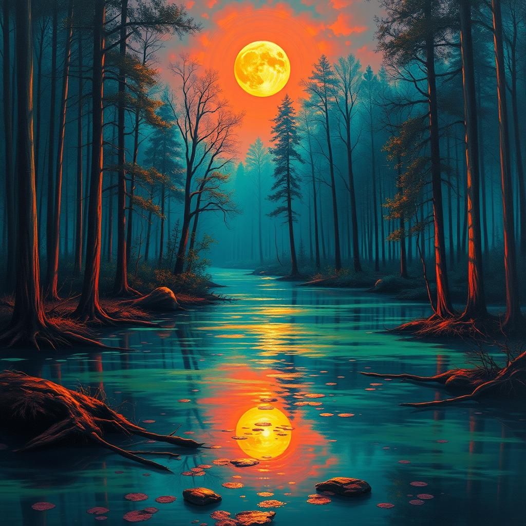 Vibrant Sunset Over Moonlit Forest River