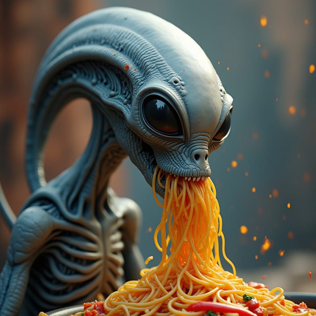 Grey Alien in Mid Shot Enjoying Delicious Spaghetti in Vibra...