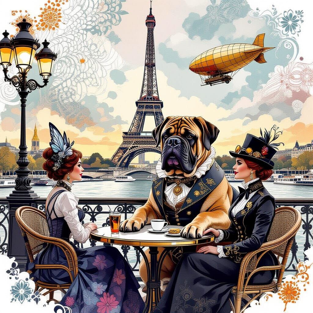 Steampunk Mastiff at Paris Cafe with Eiffel Tower