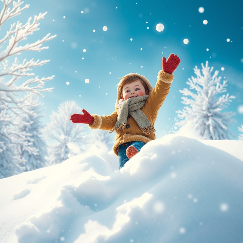 Joyful Boy Leaps into Snowy Winter Wonderland in Whimsical W...