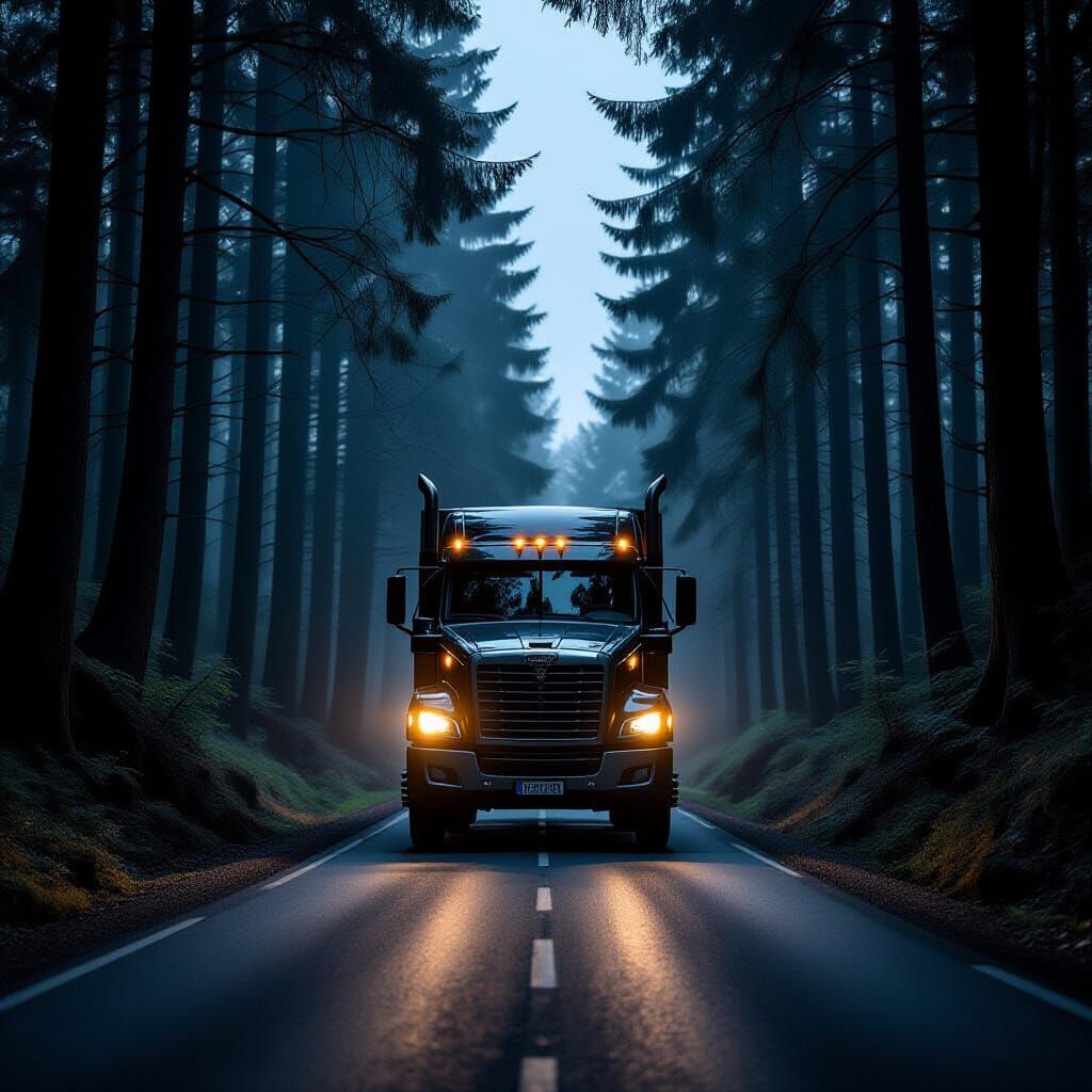 Truck High Beams Pierce Dark Black Forest Road