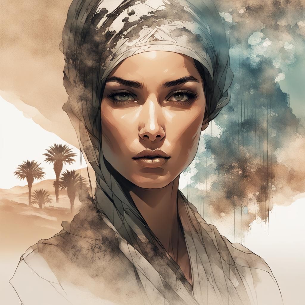 Arab Woman Double Exposure Portrait with Desert Oasis