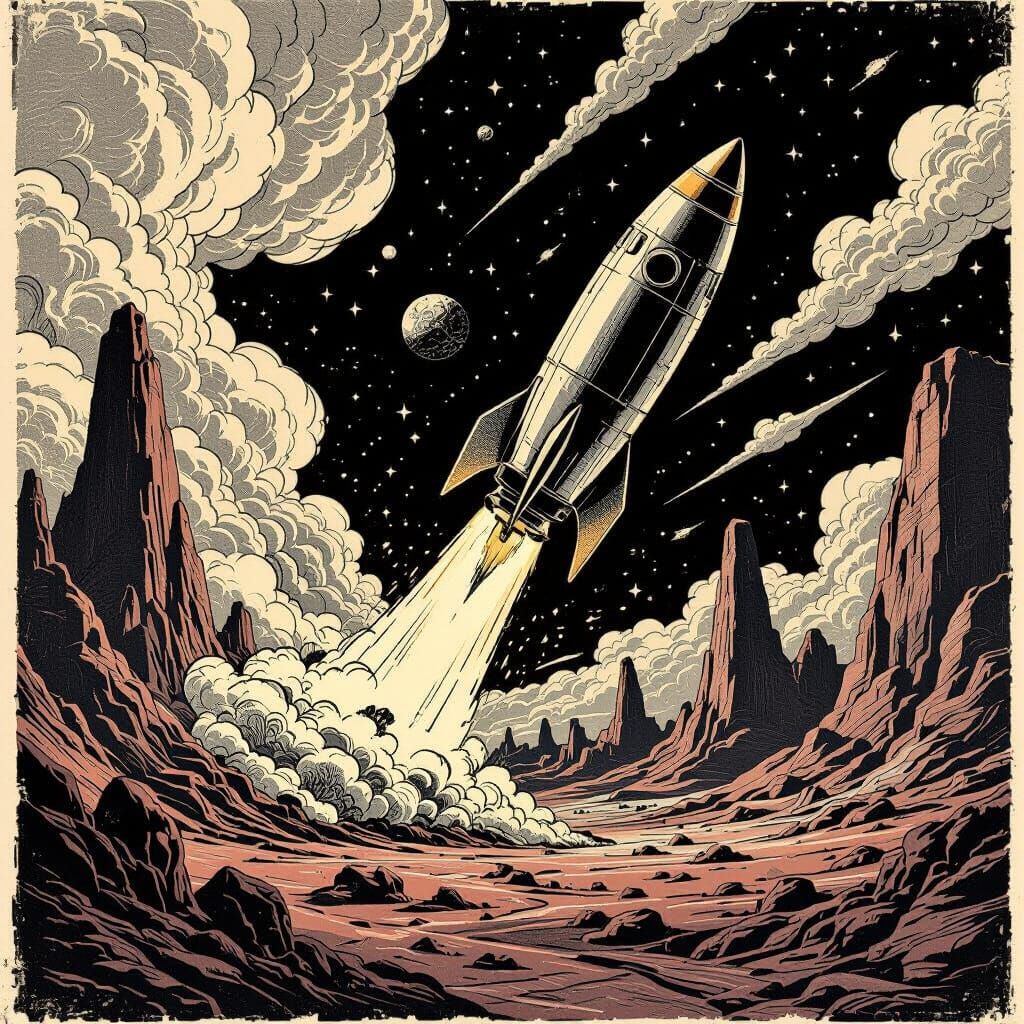 Retro Sci-Fi Rocket Launch Woodblock Print