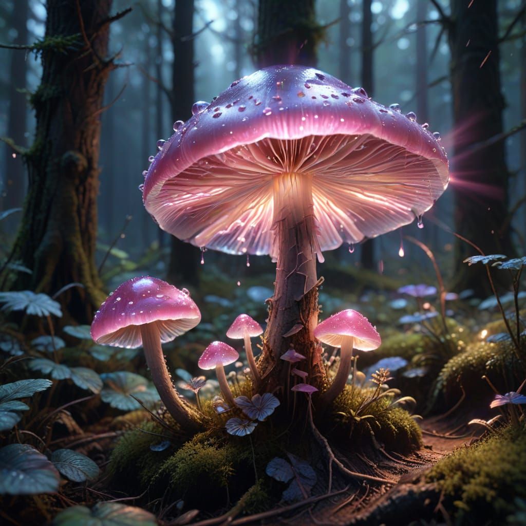 Bioluminescent Pink Mushroom in Mystical Forest