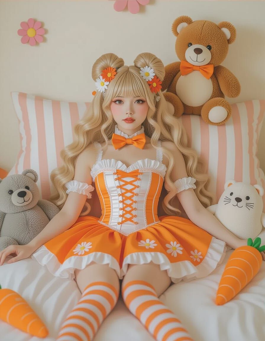 Whimsical Woman with Plush Toys in Pastel Colors