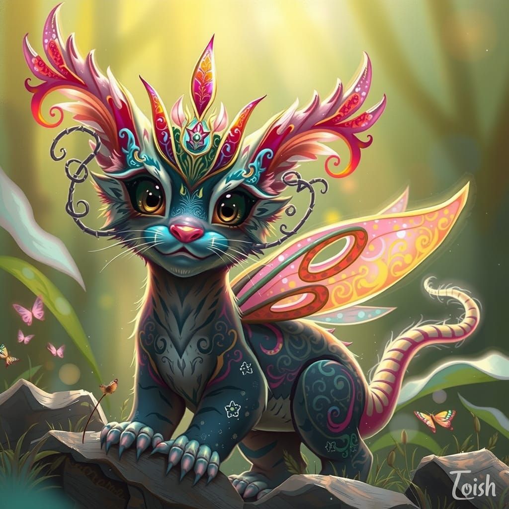 Mystical Fairy Dragon Tiger with Iridescent Scales and Delic...