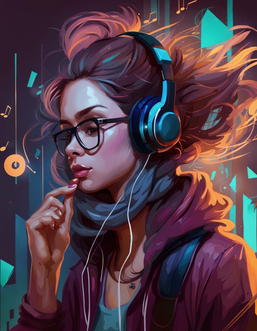 Hipster Girl Listening to Music, Hand-Drawn Art