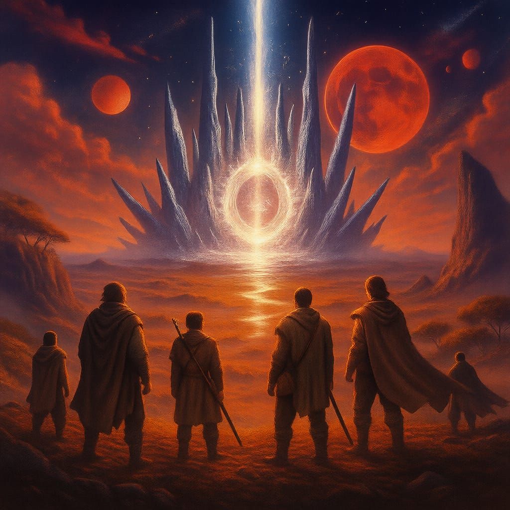 Adventurers Gaze at Cosmic Portal in Fantasy Landscape