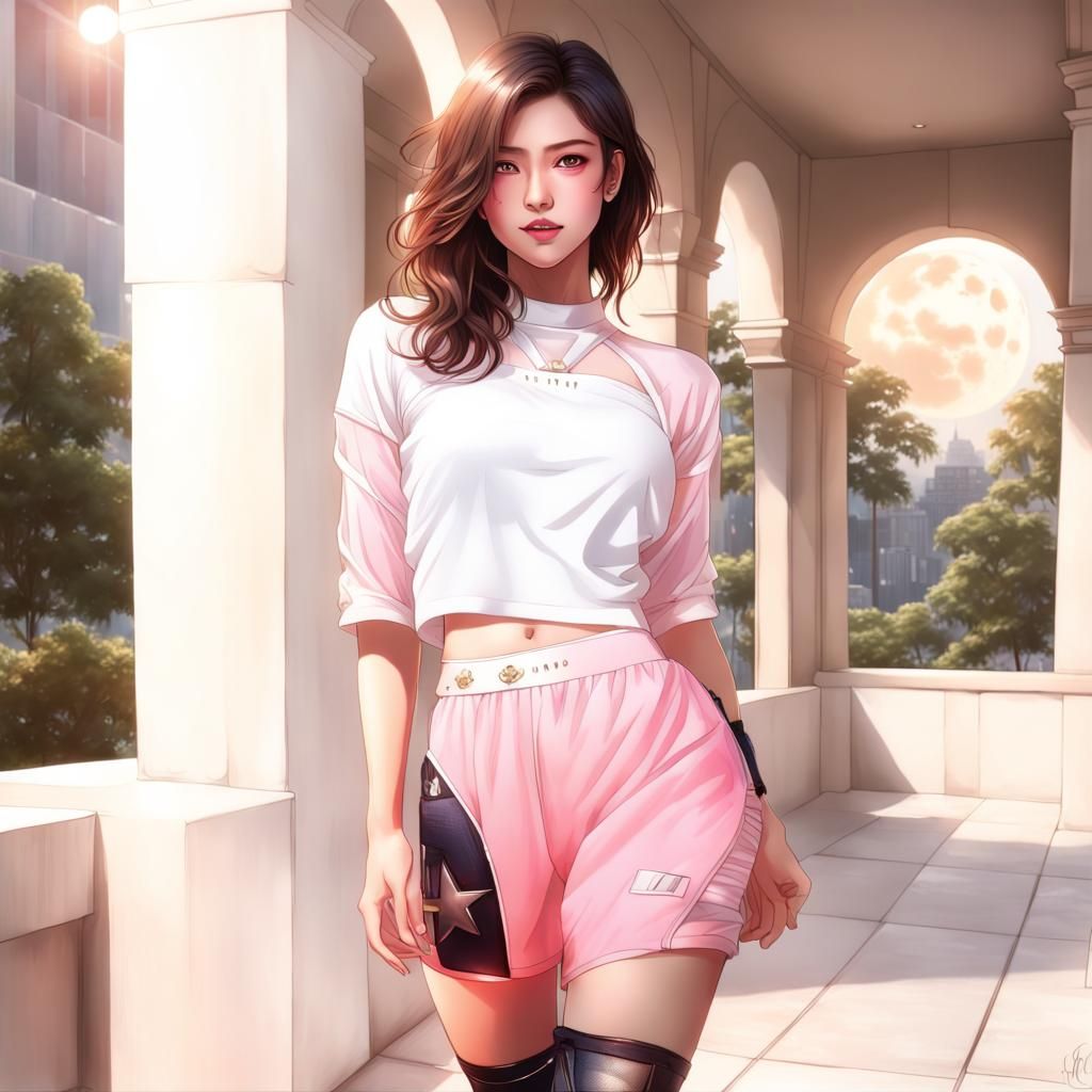 Cyborg Girl with Golden Eyes in Cityscape