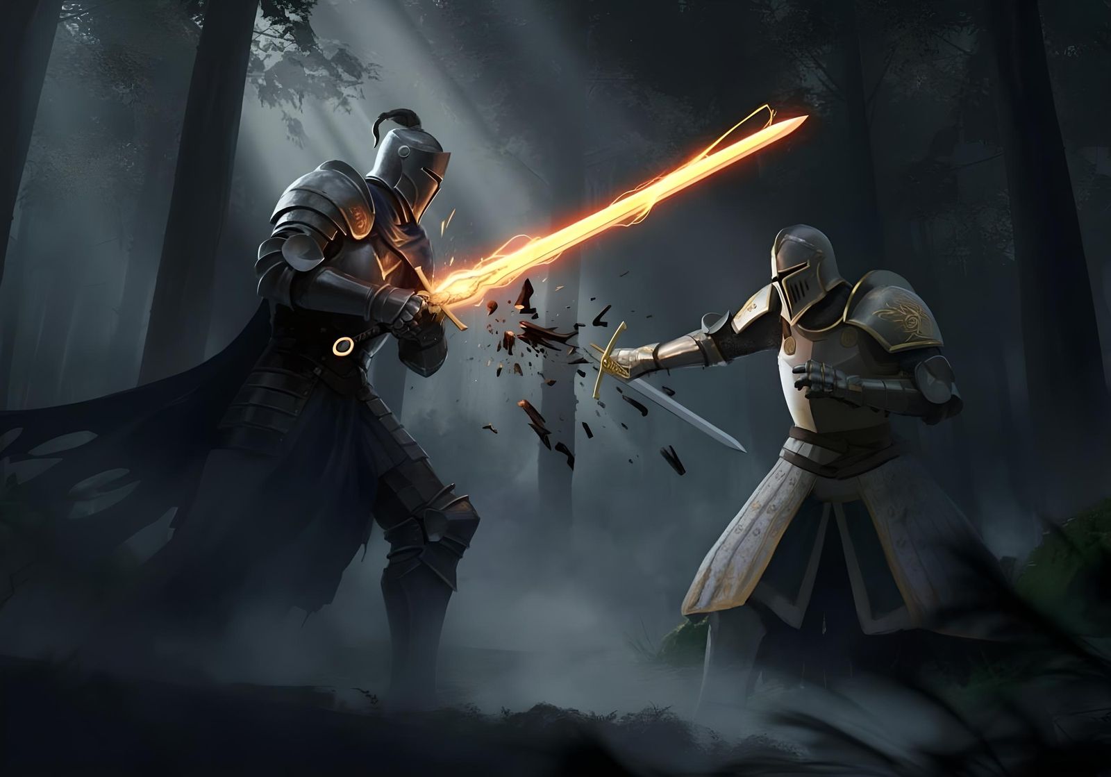 Knights Clash in Ominous Forest, Sword Shattered